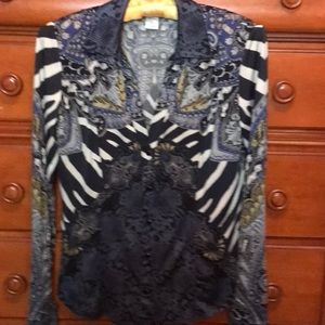 Cache Black White and Blue Printed Long Sleeve Blouse